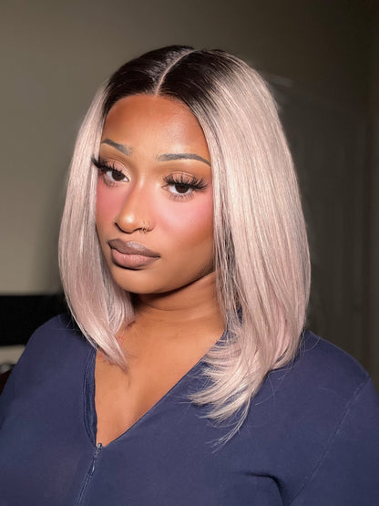 Straight Center Part Short Bob Ash Blonde with 1B Dark Roots Wig