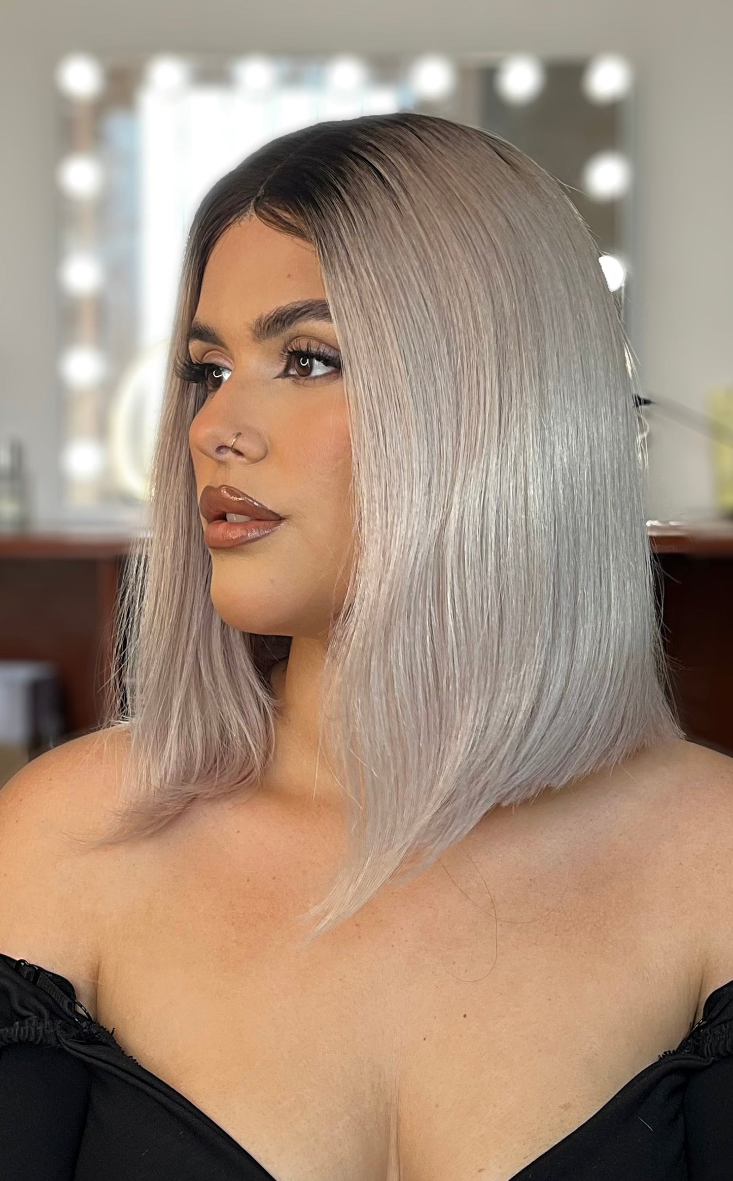 Straight Center Part Short Bob Ash Blonde with 1B Dark Roots Wig