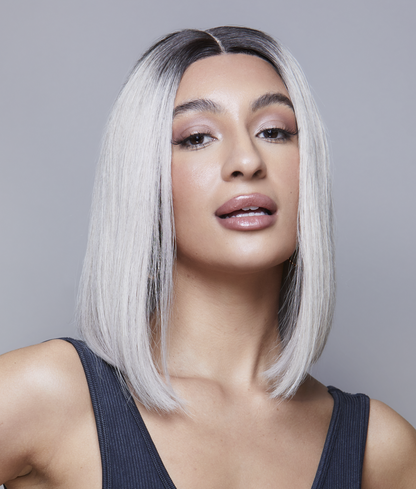 Straight Center Part Short Bob Ash Blonde with 1B Dark Roots Wig